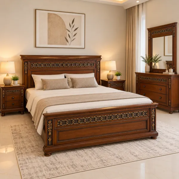 Carved Wood Bed, 2 Side Tables and Dressing Table