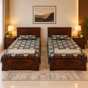 Carved Wood Single Beds with 2 Side Tables