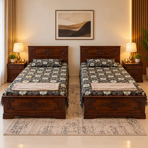Carved Wood Single Beds with 2 Side Tables