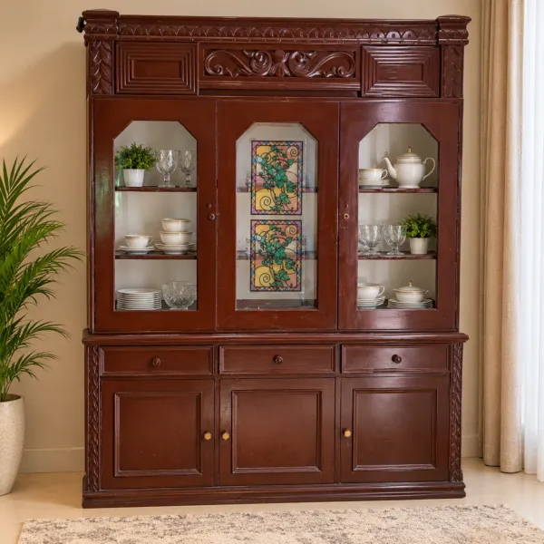 Dark Brown Crockery Wardrobe with Glass Doors