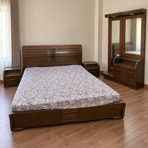 Dark Brown Wooden Bed Set with Dressing Table