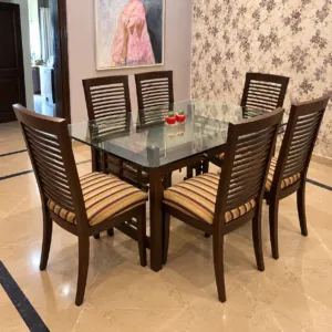 Glass Top Dining Table with 6 Slat Back Chairs