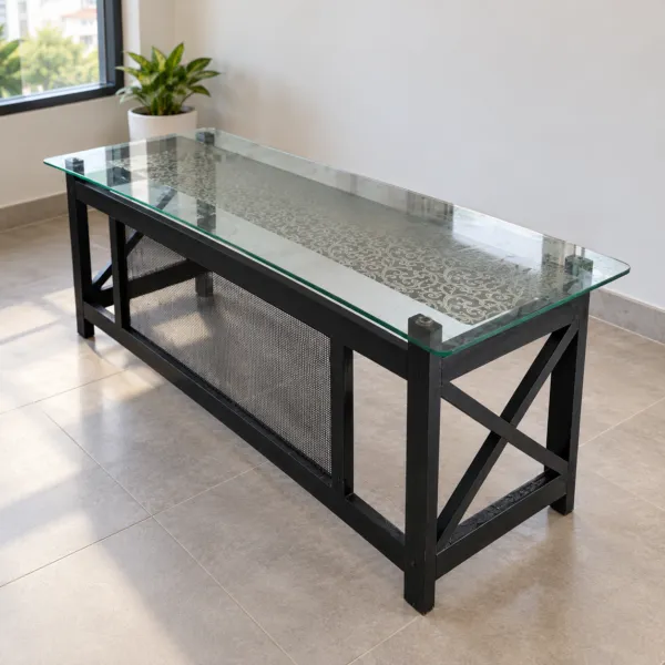 Office Table with Glass Top and Mesh Front Panel