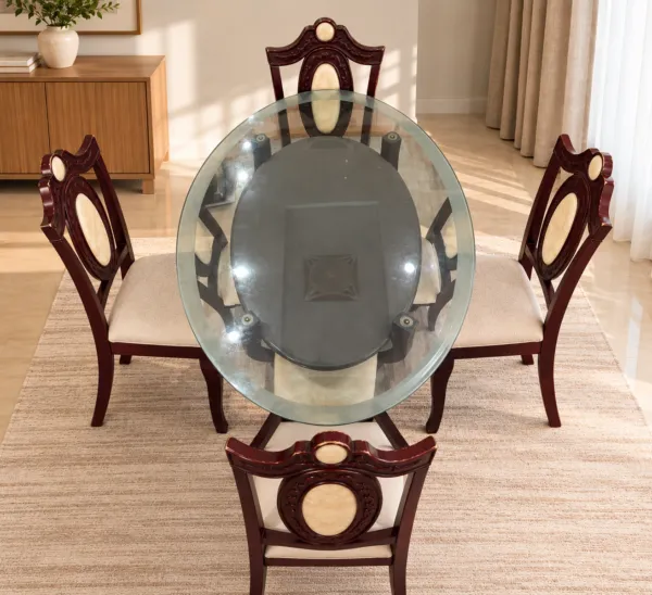 Oval Glass Top Dining Table with 4 Carved Chairs
