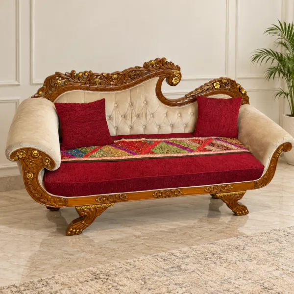 Red Carved Wood Deewan with Tufted Back