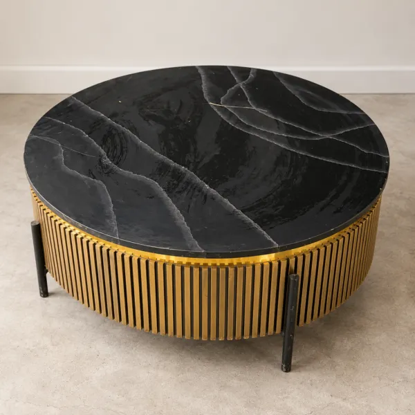 Round Black and Gold Center Table with Slat Base