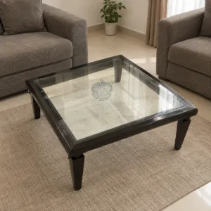Sheesham Wood Center Table with Black Frame and Beveled Glass Top