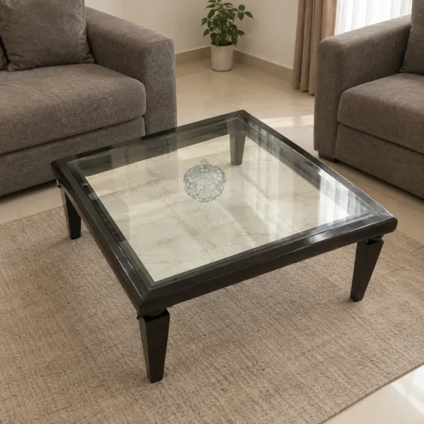 Sheesham Wood Center Table with Beveled Glass Top