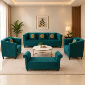 Teal Green Velvet Look 5 Seater Sofa Set with Settee and Embroidered Cushions