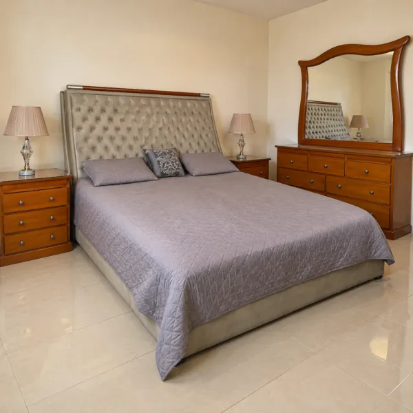 Tufted Bed, Dressing Table and 2 Side Tables Set