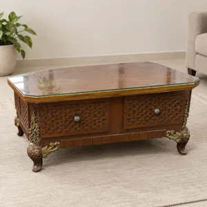 Used Brown Center Table with Drawers and Cut-Corner Glass Top