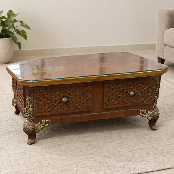 Brown Center Table with Drawers and Glass Top