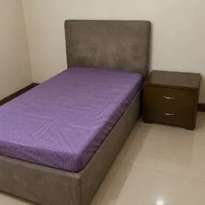 Used Light Brown Single Bed with Mattress and Side Table