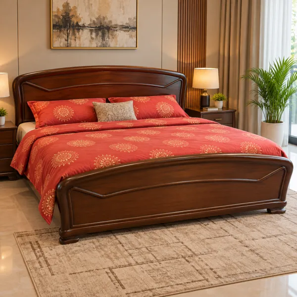 Brown Wooden Single Bed with Curved Headboard