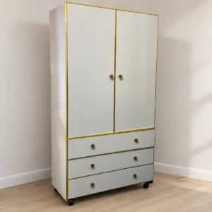 White 2 Door Wardrobe with 3 Drawers on Wheels