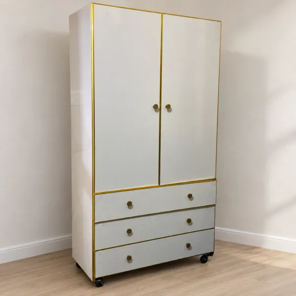White 2 Door Wardrobe with 3 Drawers on Wheels