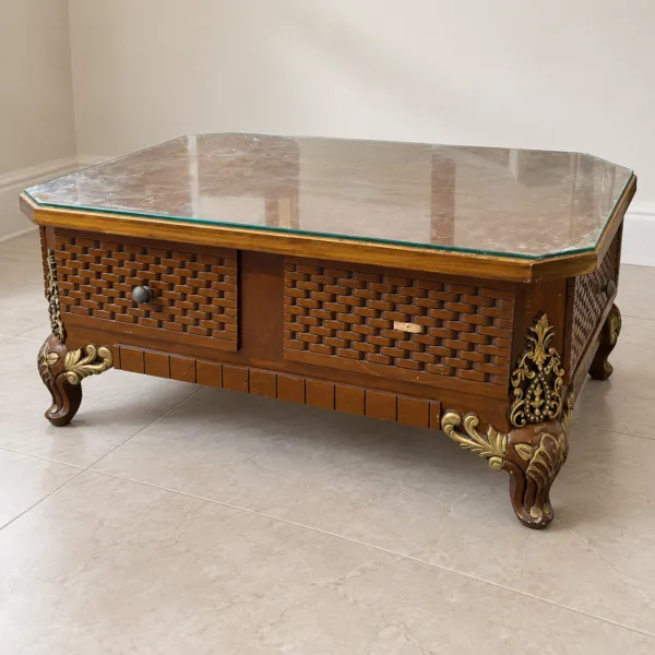 Wooden Center Table with Drawers and Glass Top